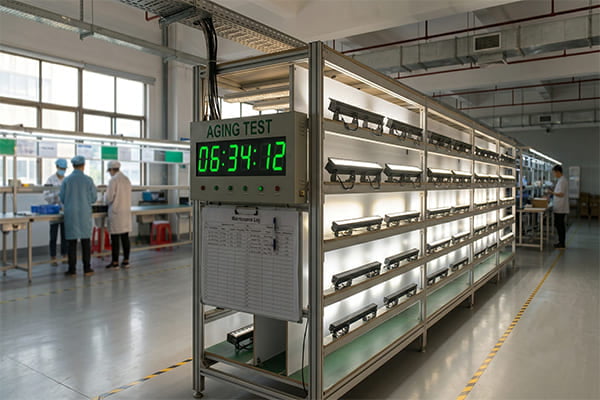 LED lights undergoing a 24-hour aging test in a factory setting